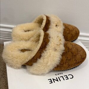Celine Triomphe Shearling Suede Mules Camel Fur Slippers Size 37 Worn Once